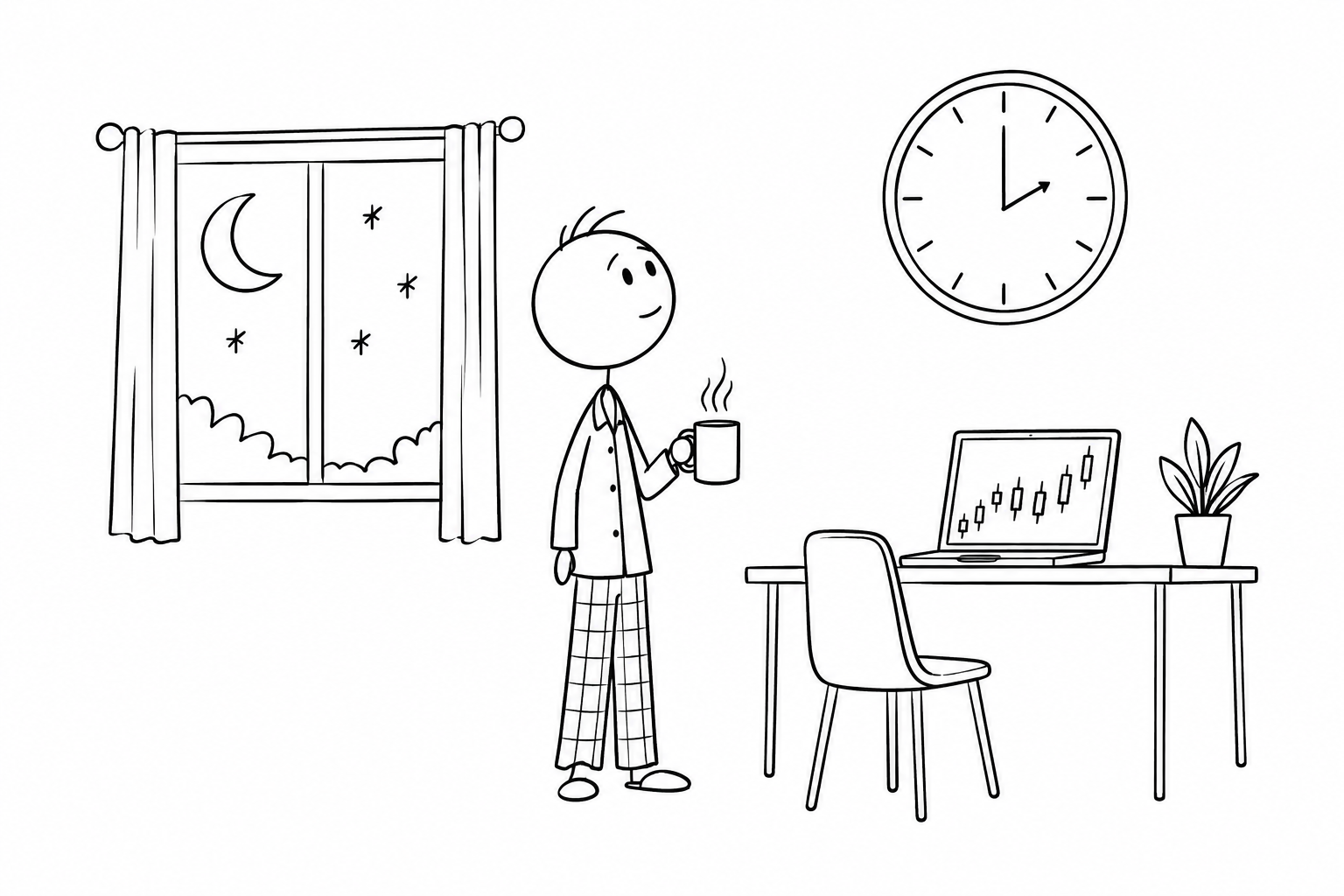 Stick figure with coffee checking the clock at night
