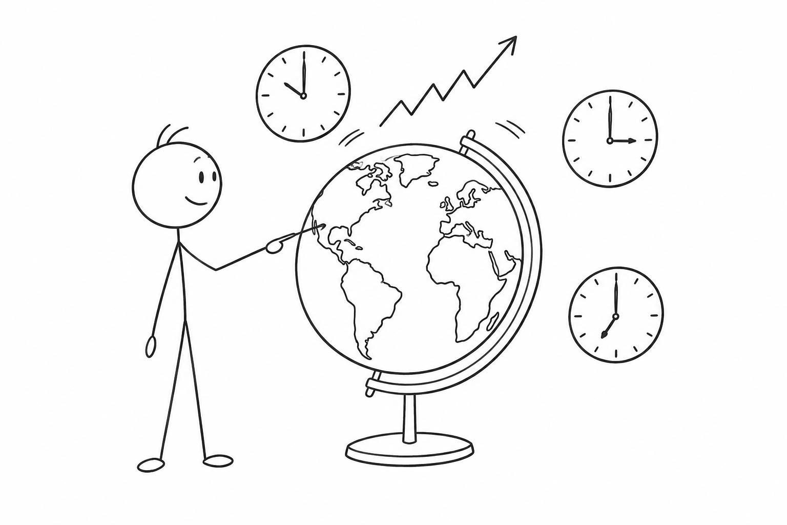 Stick figure pointing at a globe surrounded by clocks