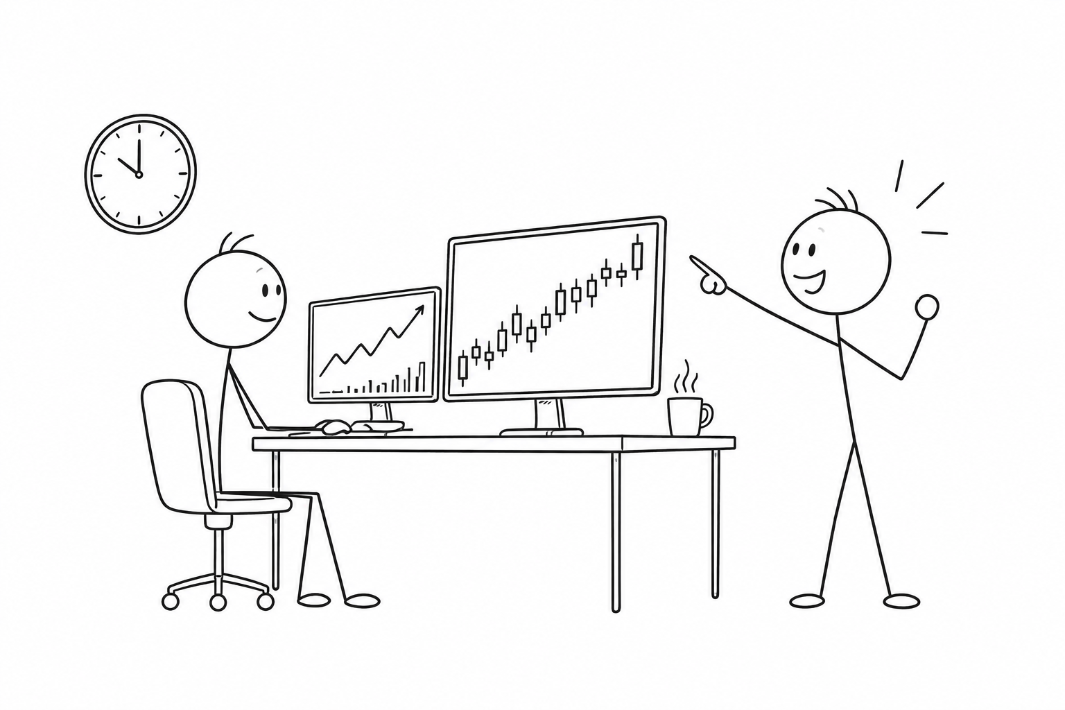 Stick-figure traders watching a rising candlestick chart